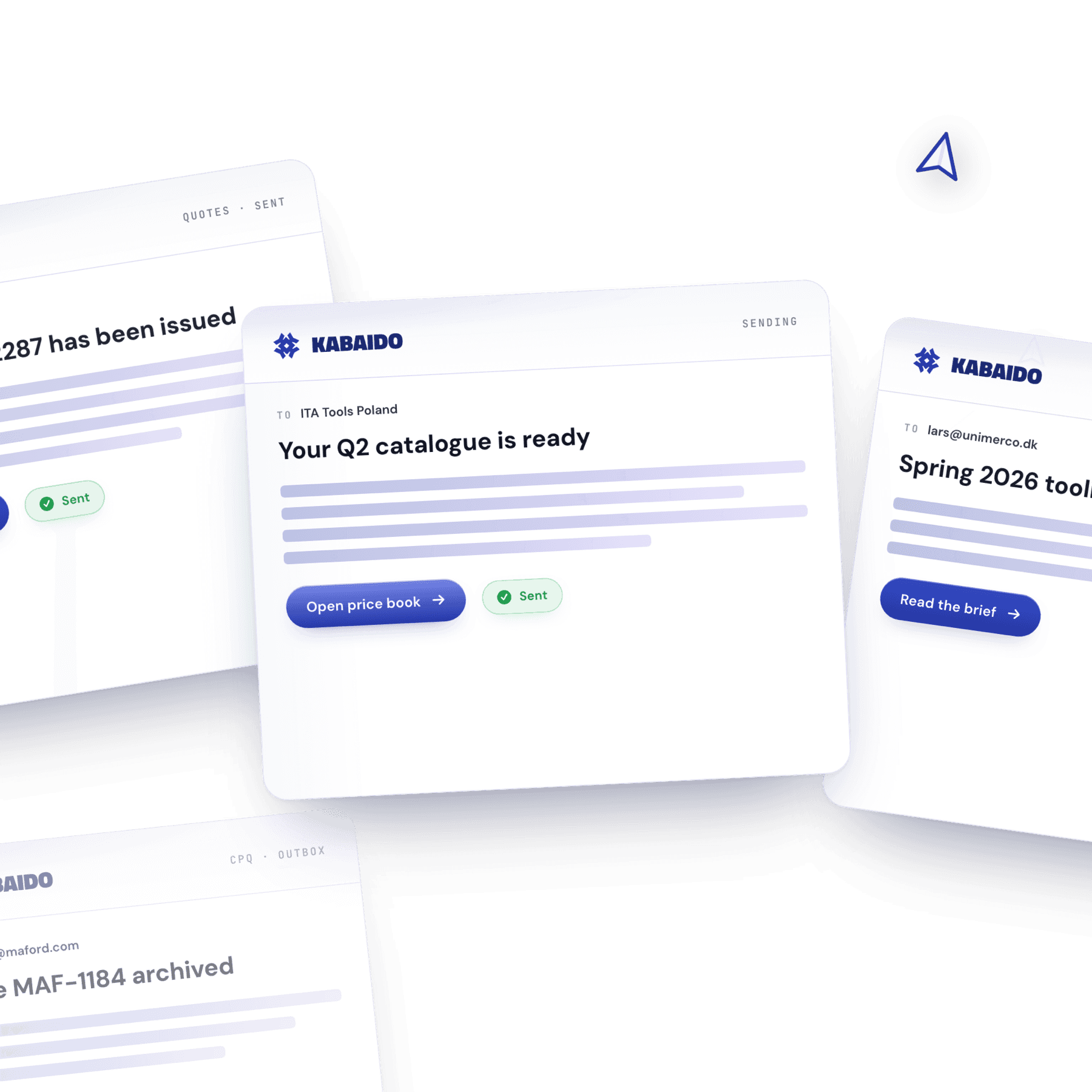 Three Kabaido-branded outbound emails - quote issued, catalogue ready and tool-list followup - fanned out across an inbox view.