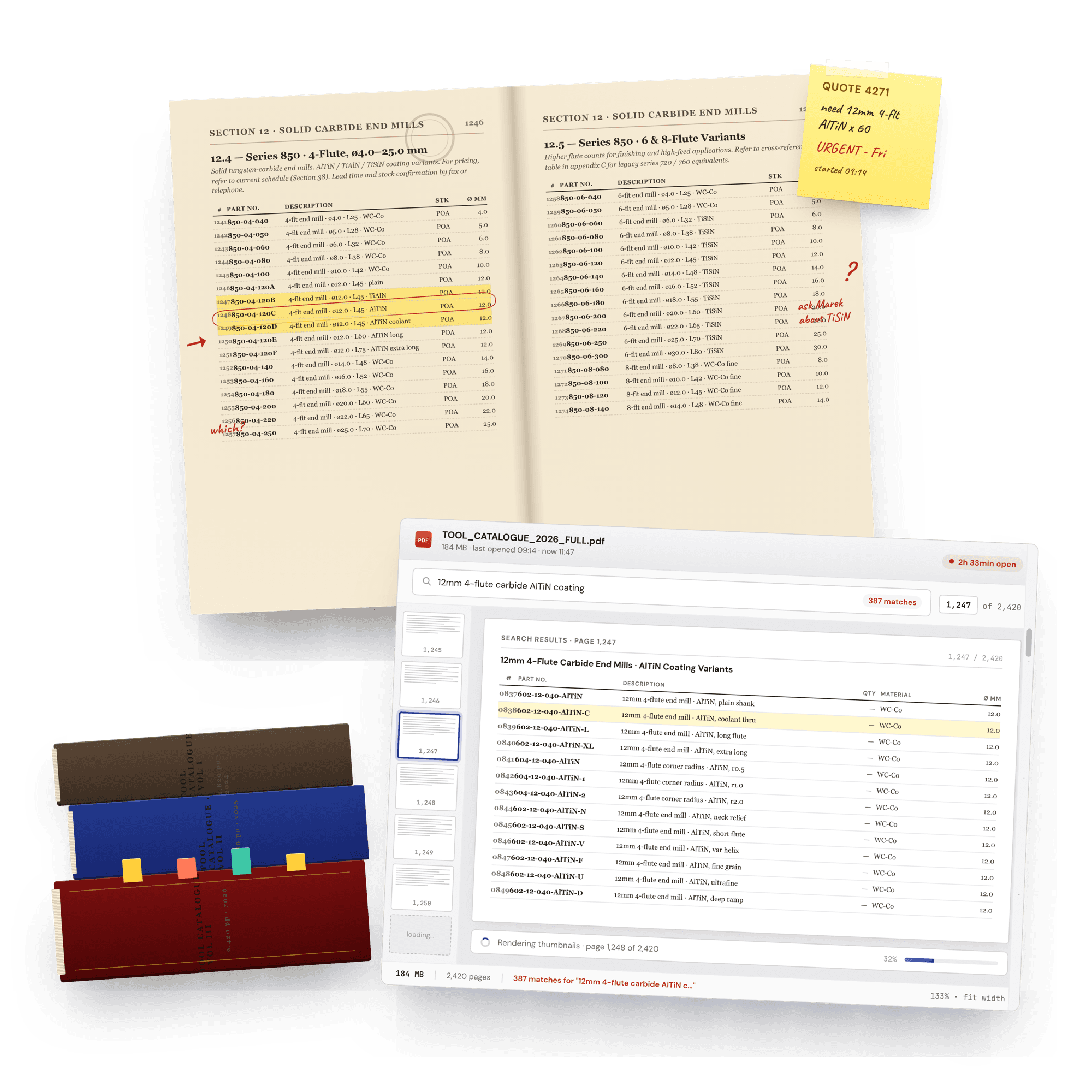 A paper tooling catalog and a 184 MB, 2,420-page PDF with 387 search matches - the manual hunt for the right SKU.