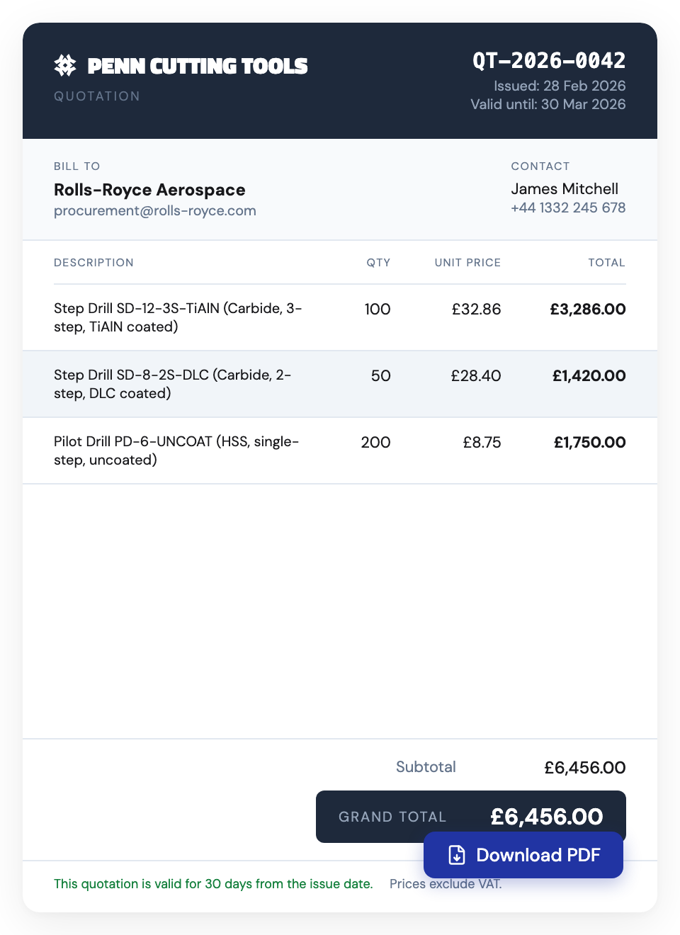 Branded PDF quote document with company logo, itemised pricing, and professional layout
