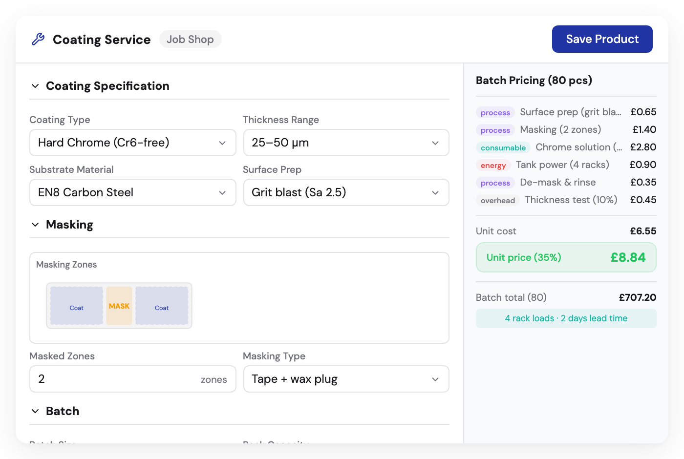 Kabaido configurator for surface coating services with coating type, thickness, and batch pricing