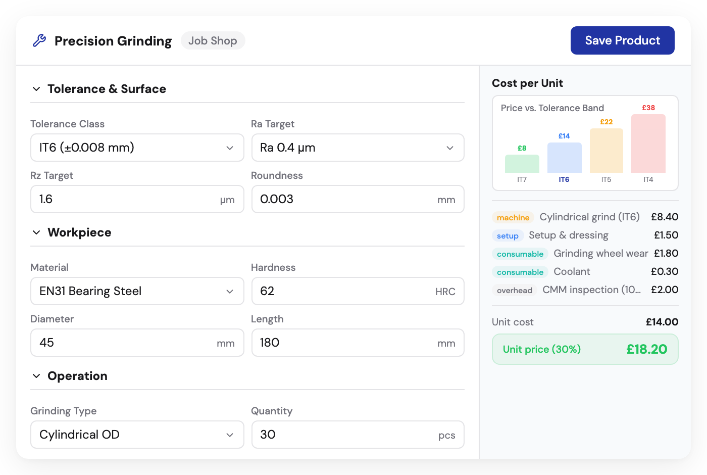 Kabaido configurator for precision grinding with tolerance class, surface finish, and price scaling