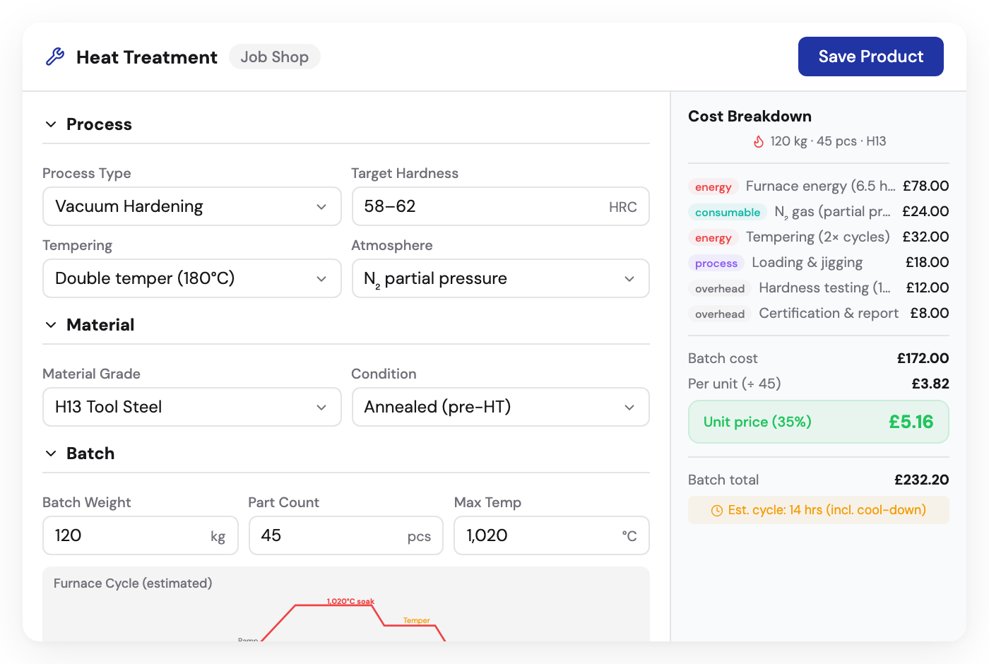 Kabaido configurator for heat treatment with process type, target hardness, and batch costing