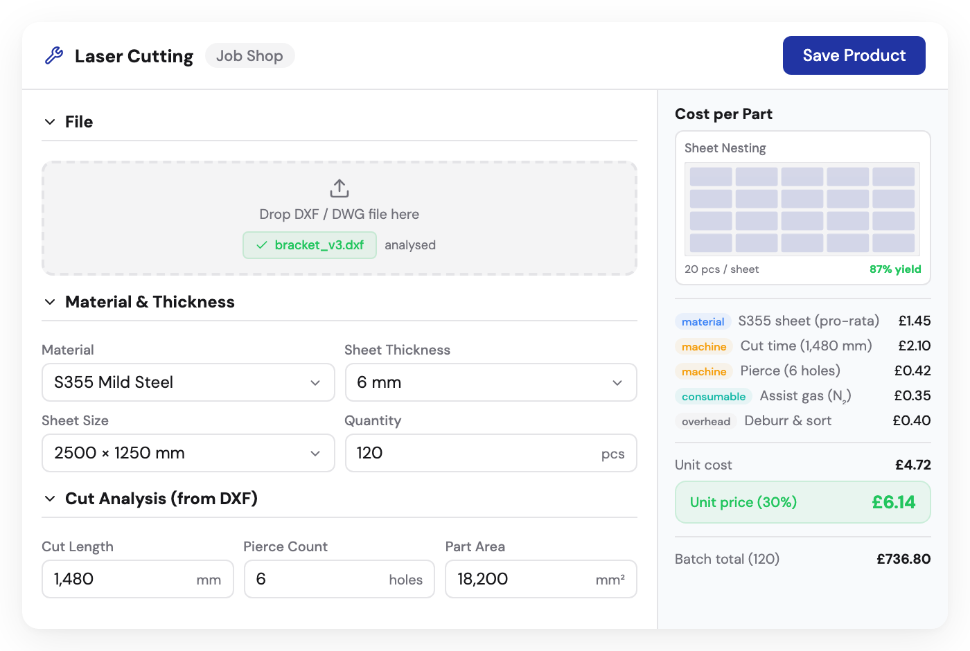 Kabaido configurator for laser cutting with file upload, material selection, and yield calculation