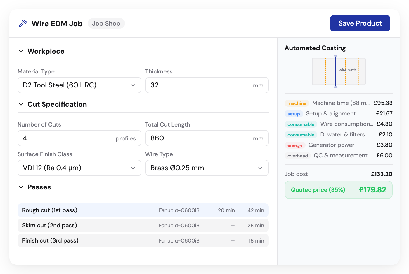 Kabaido configurator for wire EDM jobs with material type, cut count, and automated cost breakdown