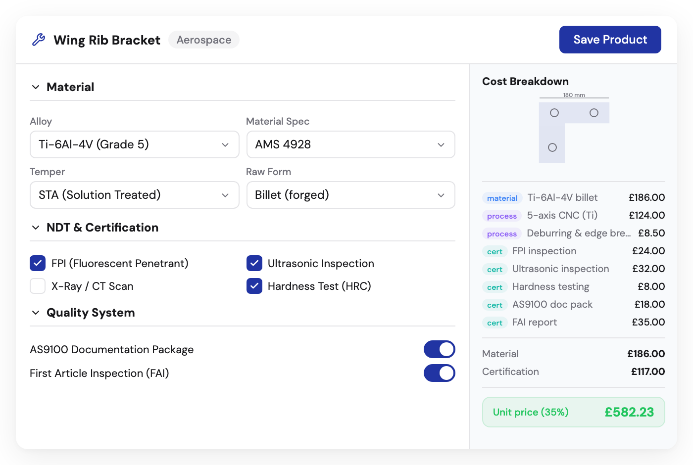 Kabaido configurator for aerospace assemblies with alloy selection, NDT requirements, and AS9100 documentation