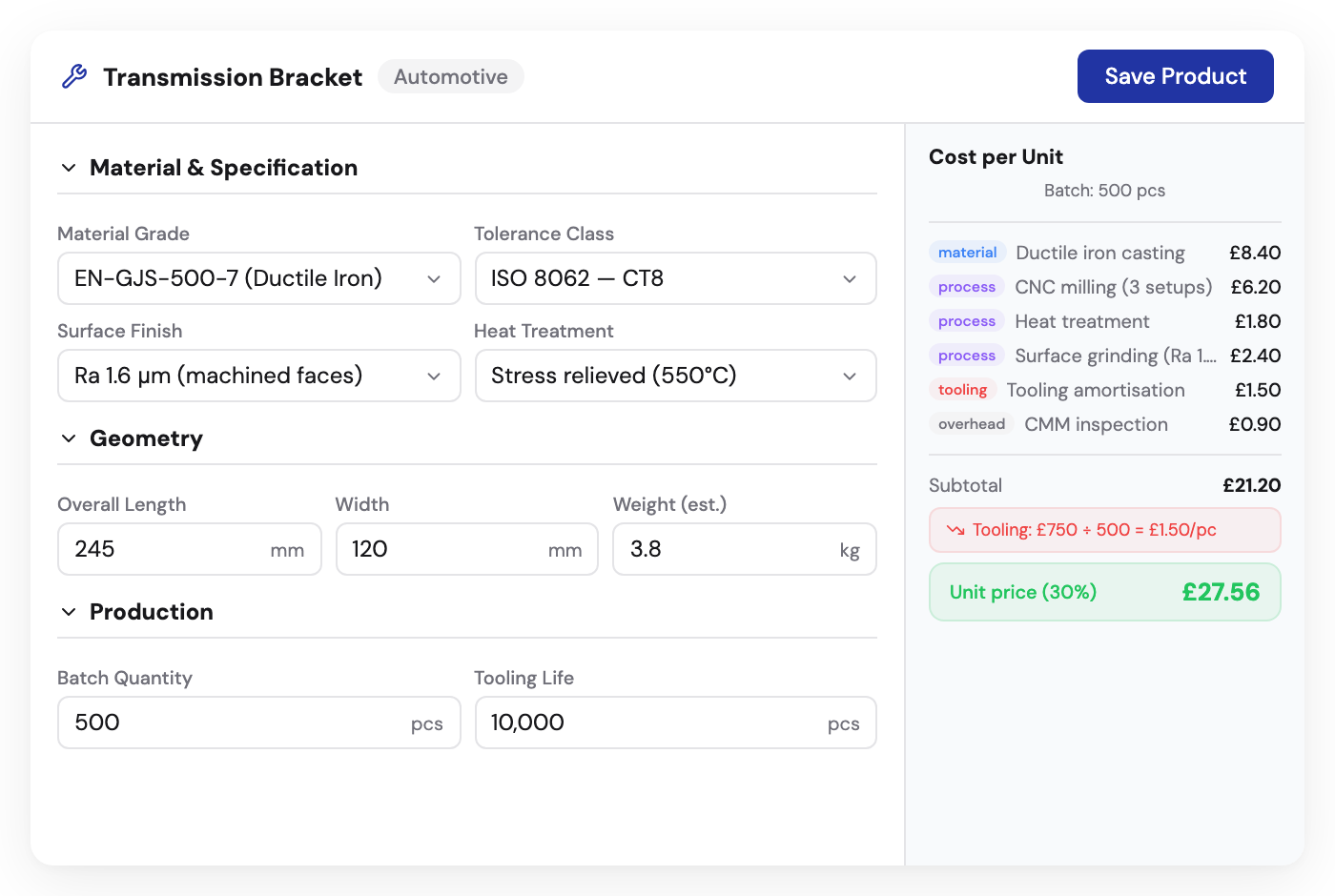 Kabaido configurator for automotive components with material grade, tolerance, and heat treatment options
