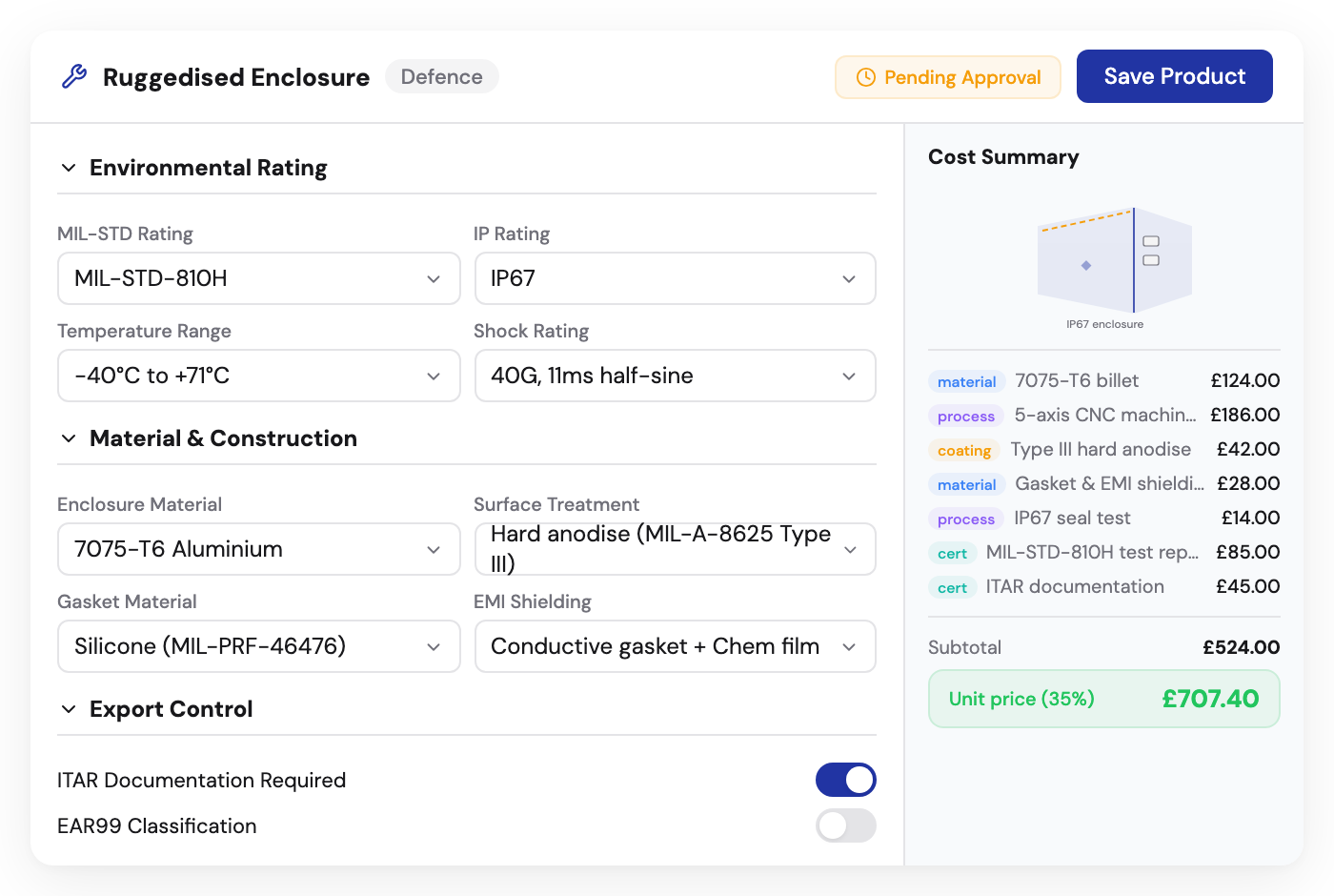 Kabaido configurator for ruggedised enclosures with MIL-STD ratings, IP classification, and ITAR documentation