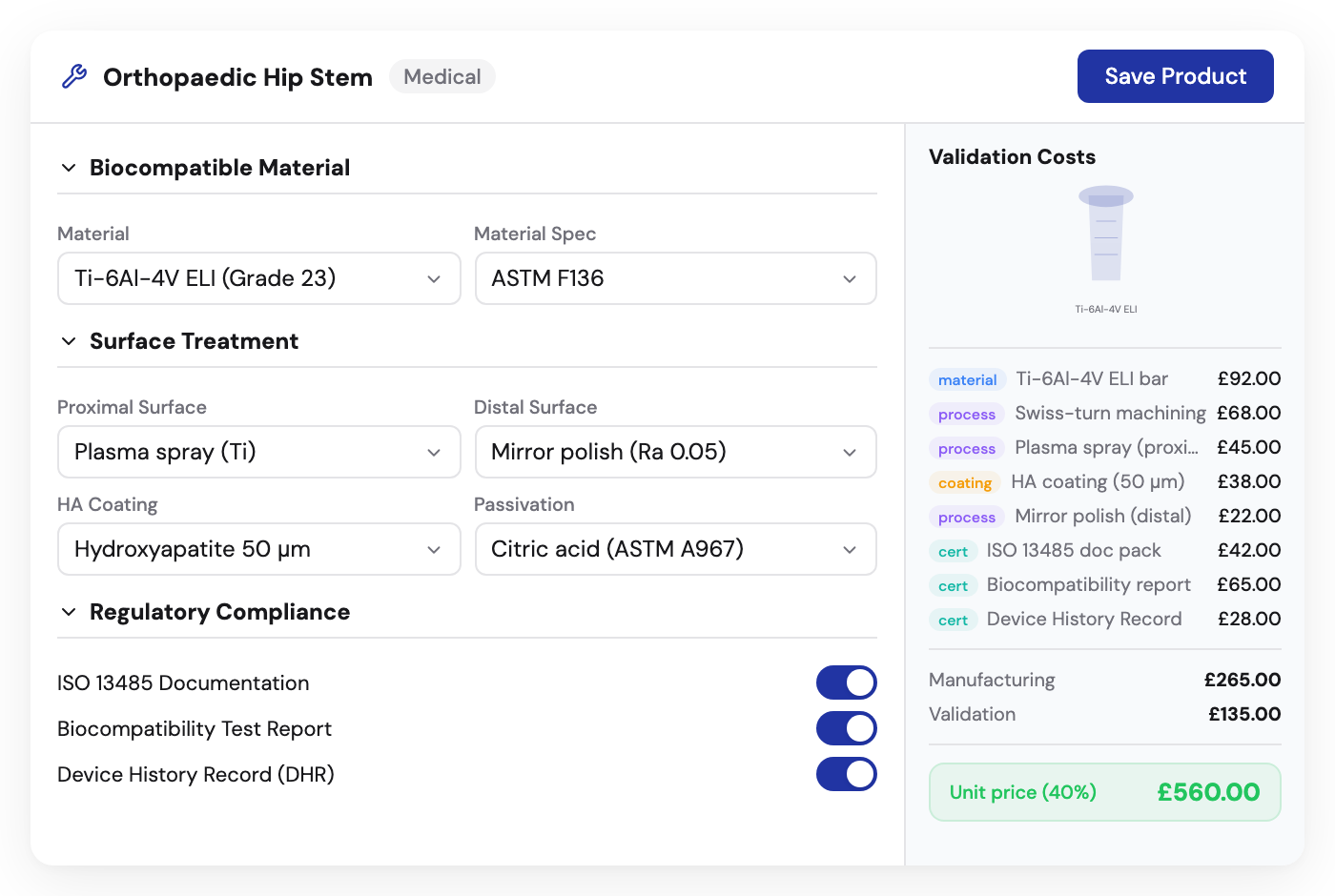 Kabaido configurator for medical devices with biocompatible material selection and ISO 13485 compliance