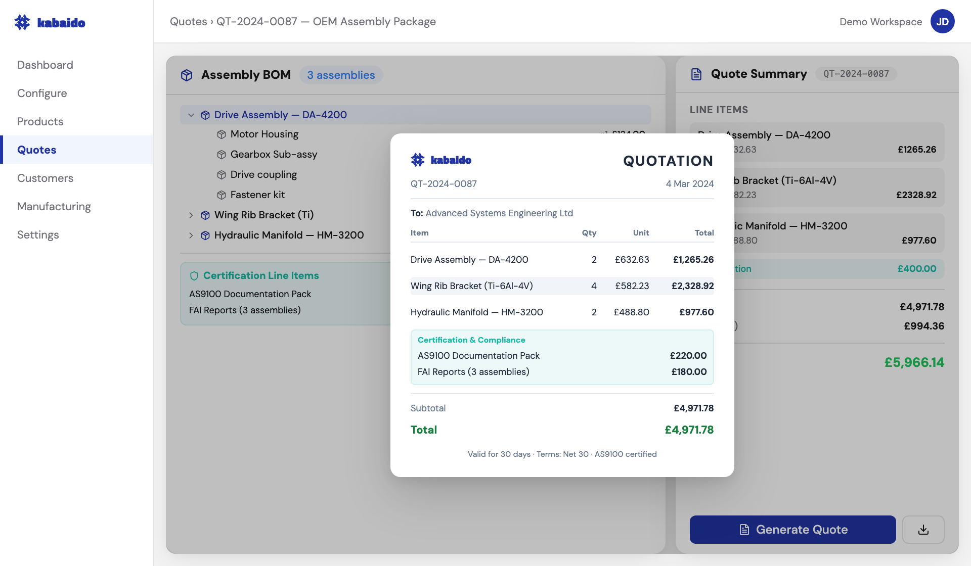 Kabaido CPQ platform for OEMs with multi-level assembly configurator and live pricing summary