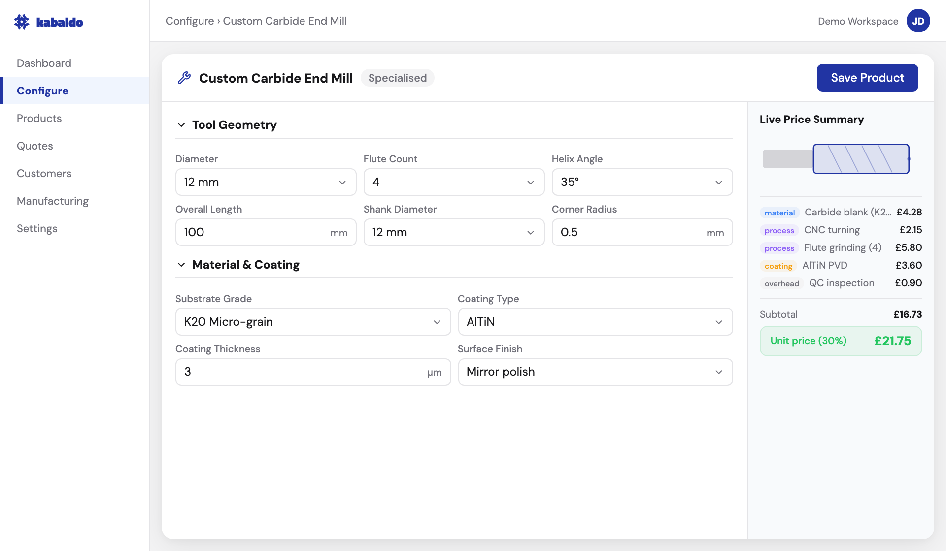 Kabaido CPQ dashboard for tooling manufacturers with product configurator and live pricing
