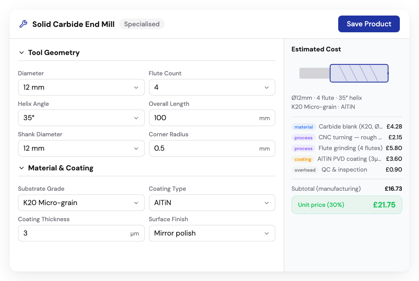 Kabaido configurator for solid carbide end mills with flute count, helix angle, and coating selection