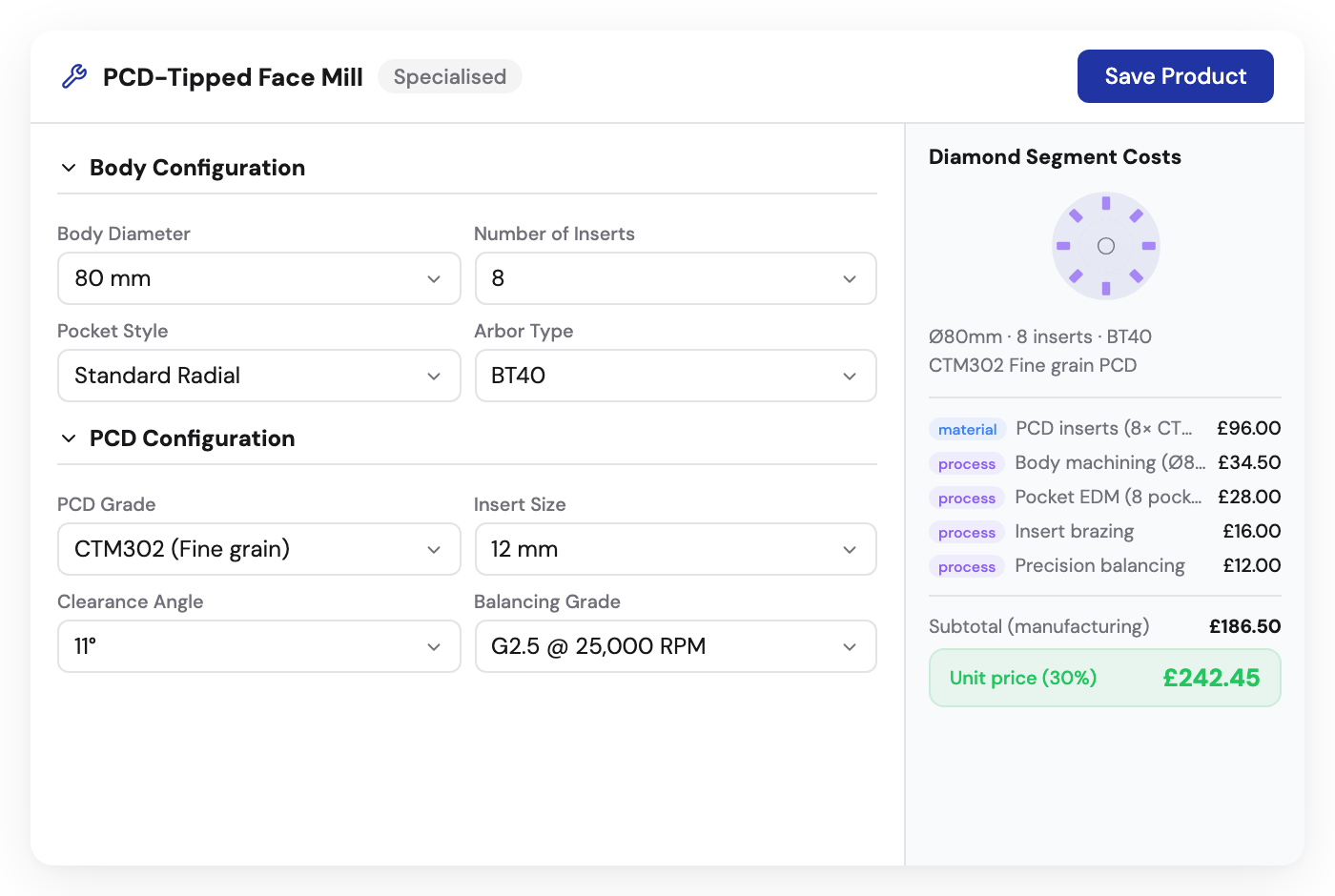 Kabaido configurator for PCD-tipped face mills with diamond grade and insert configuration