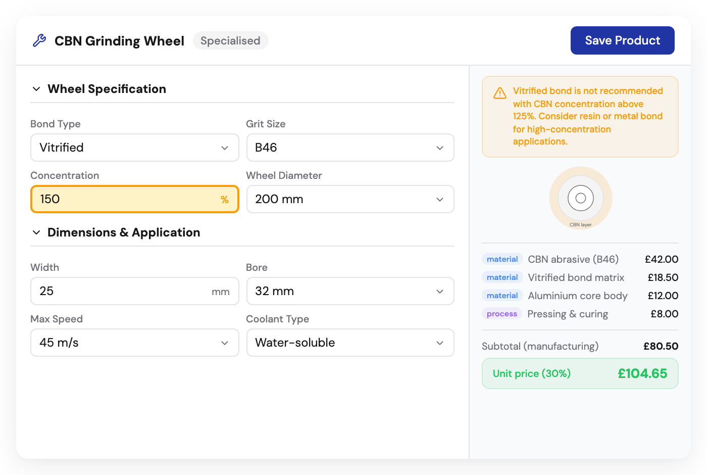 Kabaido configurator for CBN and diamond grinding wheels with bond type and grit selection