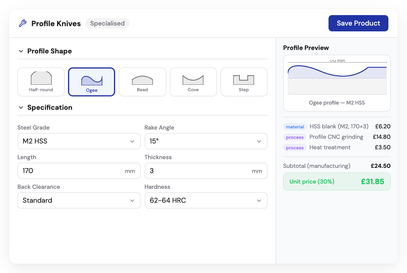 Kabaido configurator for profile knives with custom geometry selection and steel grade options