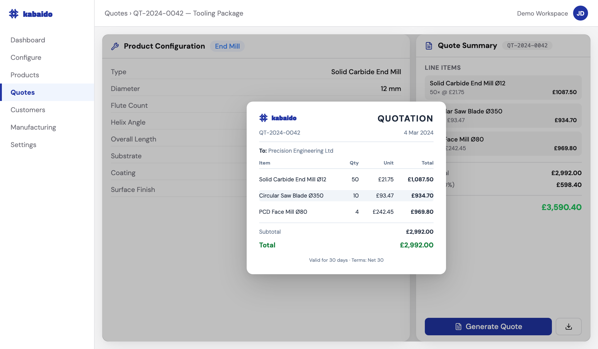 Kabaido platform showing a completed tooling quote with product configuration, price summary, and PDF preview