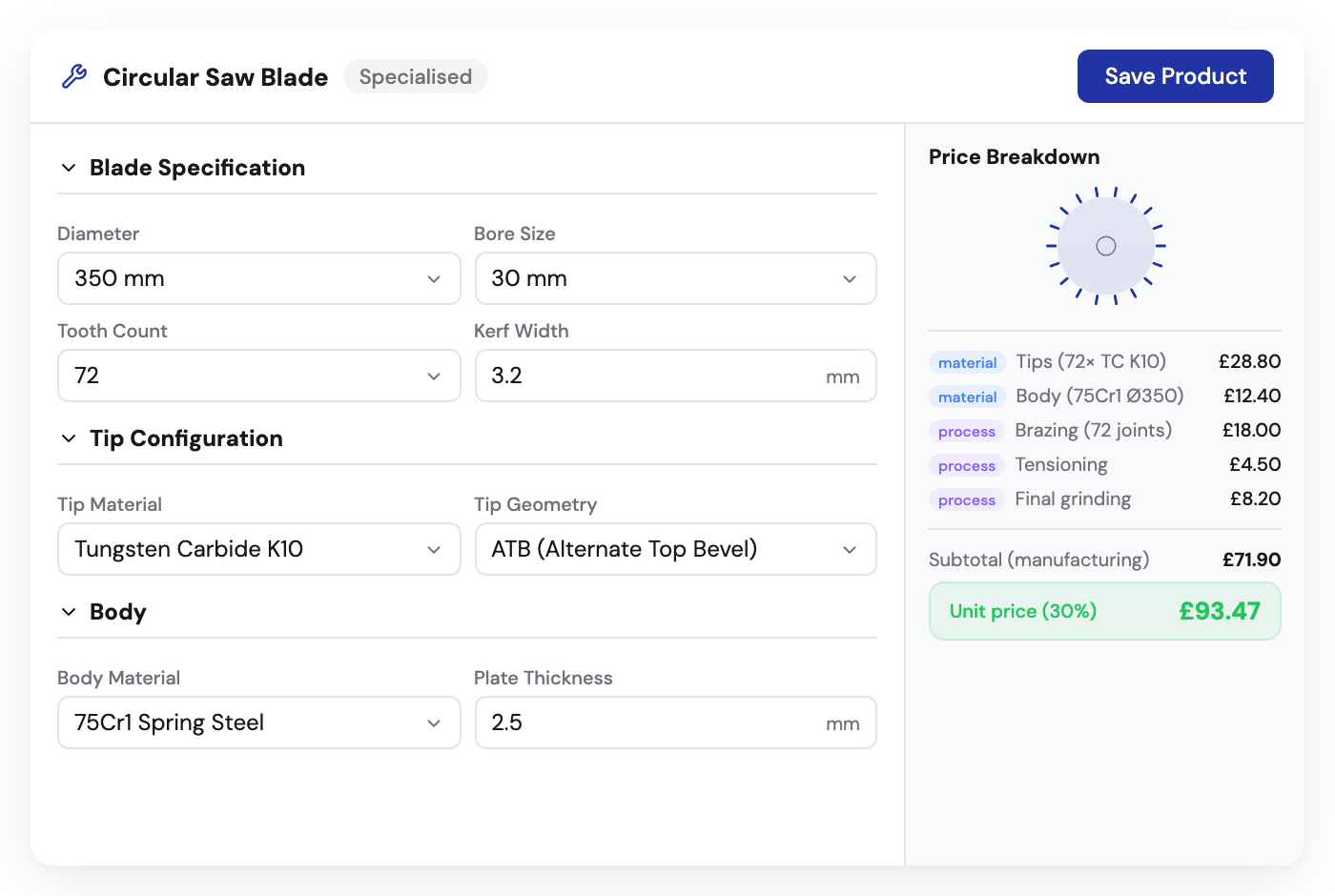 Kabaido configurator for circular saw blades with tooth count, diameter, and tip material options
